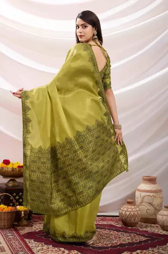 lemon green zari woven linen jacquard saree with unstitched blouse piece