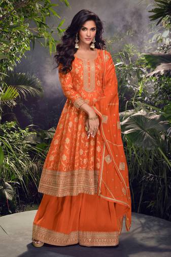 Orange embroidery, mirror and sequins jacquard silk straight palazzo suit- free size stitched(size upto 42")