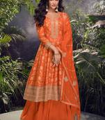 Orange embroidery, mirror and sequins jacquard silk straight palazzo suit- free size stitched(size upto 42")