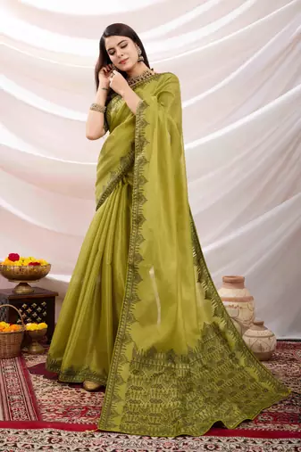 lemon green zari woven linen jacquard saree with unstitched blouse piece
