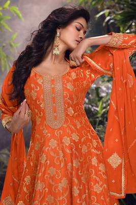 Orange embroidery, mirror and sequins jacquard silk straight palazzo suit- free size stitched(size upto 42") 2