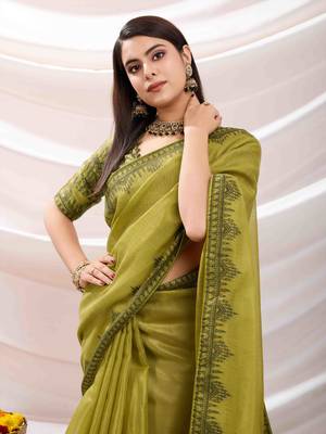 lemon green zari woven linen jacquard saree with unstitched blouse piece 4