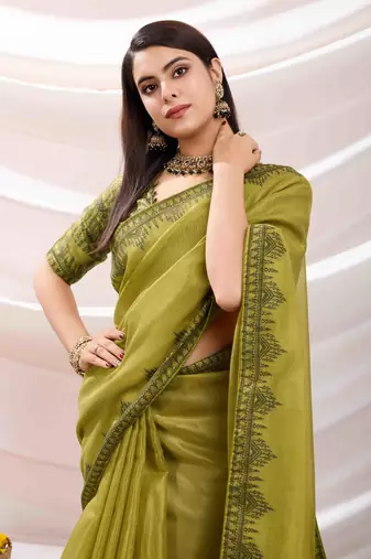 lemon green zari woven linen jacquard saree with unstitched blouse piece