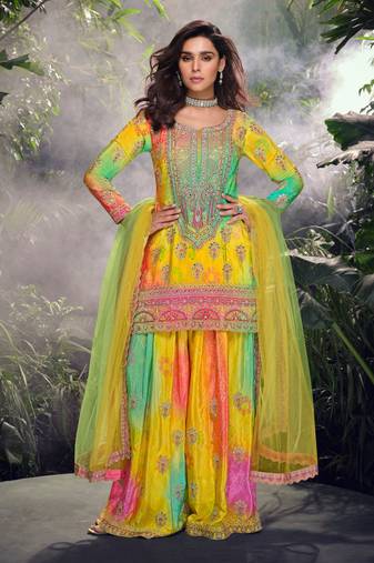 Multicolor embroidery, mirror and sequins chinon silk straight palazzo suit- free size stitched(size upto 42")
