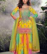 Multicolor embroidery mirror and sequins chinon silk straight palazzo suit- free size stitched(size upto 42")