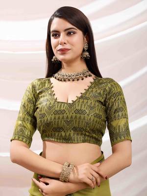 lemon green zari woven linen jacquard saree with unstitched blouse piece 5