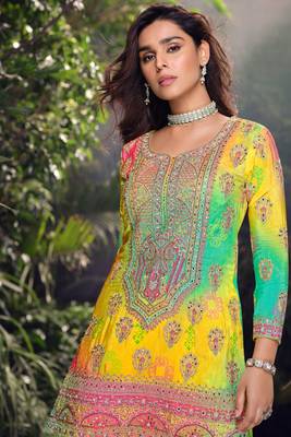 Multicolor embroidery mirror and sequins chinon silk straight palazzo suit- free size stitched(size upto 42") 2