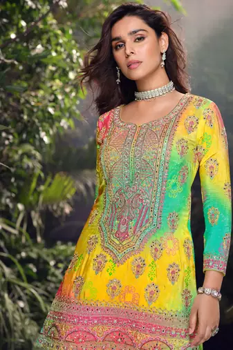 Multicolor embroidery mirror and sequins chinon silk straight palazzo suit- free size stitched(size upto 42")