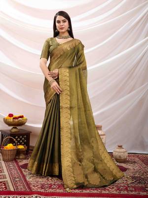 mehndi zari woven linen jacquard saree with unstitched blouse piece 1