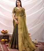 mehndi zari woven linen jacquard saree with unstitched blouse piece