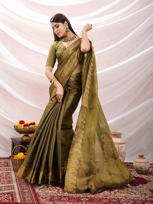 mehndi zari woven linen jacquard saree with unstitched blouse piece 2