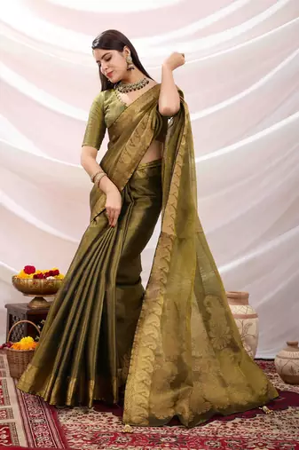 mehndi zari woven linen jacquard saree with unstitched blouse piece