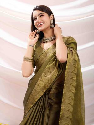 mehndi zari woven linen jacquard saree with unstitched blouse piece 3