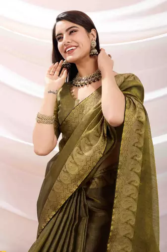 mehndi zari woven linen jacquard saree with unstitched blouse piece