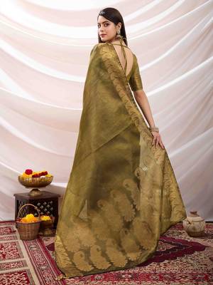 mehndi zari woven linen jacquard saree with unstitched blouse piece 4