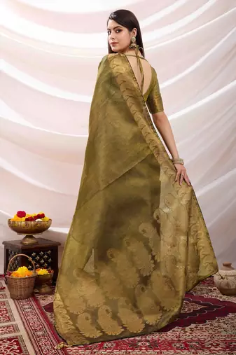 mehndi zari woven linen jacquard saree with unstitched blouse piece
