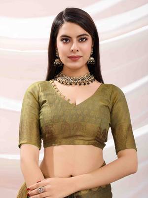 mehndi zari woven linen jacquard saree with unstitched blouse piece 5