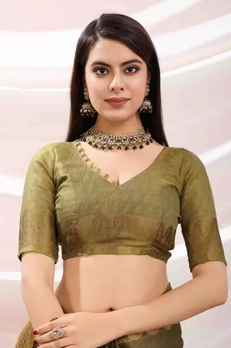mehndi zari woven linen jacquard saree with unstitched blouse piece
