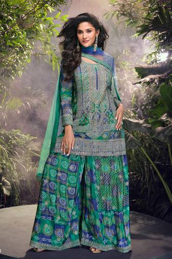 Blue embroidery, mirror and sequins chinon silk straight palazzo suit- free size stitched(size upto 42")