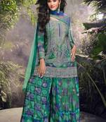 Blue embroidery, mirror and sequins chinon silk straight palazzo suit- free size stitched(size upto 42")