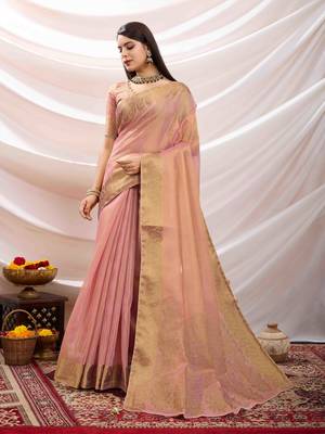 baby pink zari woven linen jacquard saree with unstitched blouse piece 1