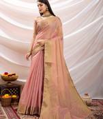 baby pink zari woven linen jacquard saree with unstitched blouse piece