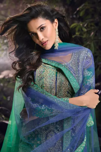 Blue embroidery, mirror and sequins chinon silk straight palazzo suit- free size stitched(size upto 42")