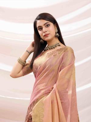 baby pink zari woven linen jacquard saree with unstitched blouse piece 2