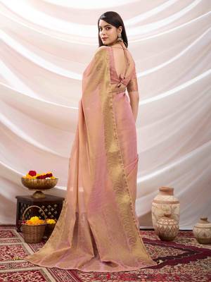 baby pink zari woven linen jacquard saree with unstitched blouse piece 3