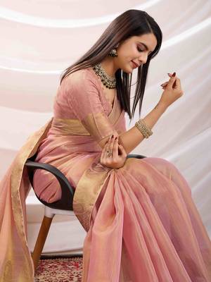 baby pink zari woven linen jacquard saree with unstitched blouse piece 4
