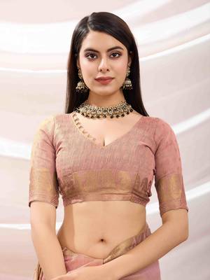 baby pink zari woven linen jacquard saree with unstitched blouse piece 5