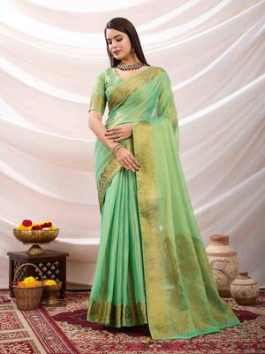mint zari woven linen jacquard saree with unstitched blouse piece 1