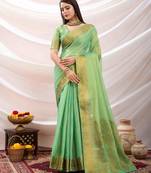 mint zari woven linen jacquard saree with unstitched blouse piece
