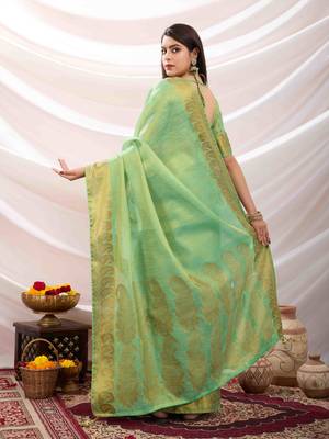 mint zari woven linen jacquard saree with unstitched blouse piece 2