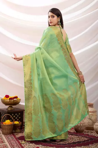 mint zari woven linen jacquard saree with unstitched blouse piece
