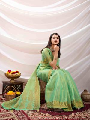 mint zari woven linen jacquard saree with unstitched blouse piece 3