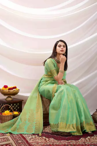mint zari woven linen jacquard saree with unstitched blouse piece
