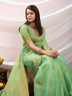 mint zari woven linen jacquard saree with unstitched blouse piece 4