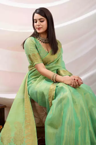 mint zari woven linen jacquard saree with unstitched blouse piece