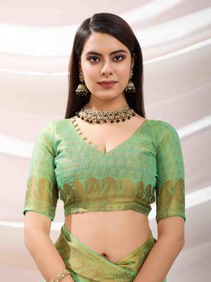 mint zari woven linen jacquard saree with unstitched blouse piece 5
