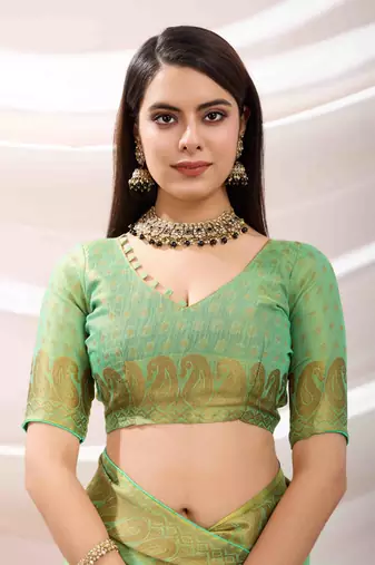 mint zari woven linen jacquard saree with unstitched blouse piece