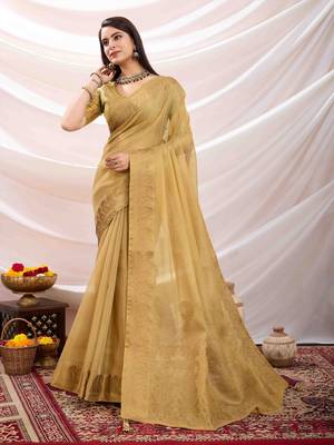 golden zari woven linen jacquard saree with unstitched blouse piece 1