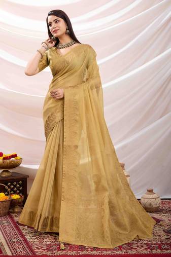 golden zari woven linen jacquard saree with unstitched blouse piece