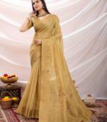 golden zari woven linen jacquard saree with unstitched blouse piece
