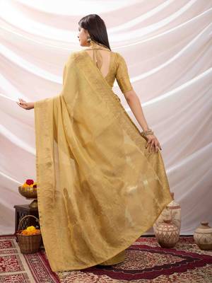 golden zari woven linen jacquard saree with unstitched blouse piece 2