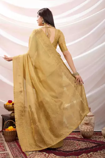 golden zari woven linen jacquard saree with unstitched blouse piece