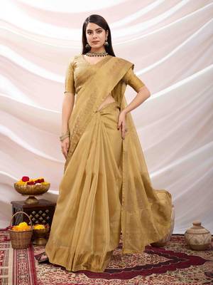 golden zari woven linen jacquard saree with unstitched blouse piece 3