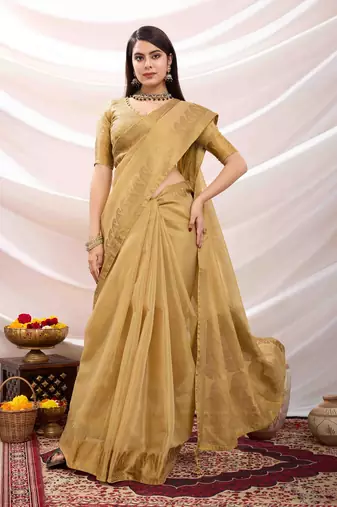 golden zari woven linen jacquard saree with unstitched blouse piece