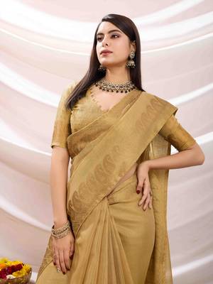 golden zari woven linen jacquard saree with unstitched blouse piece 4