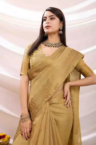 golden zari woven linen jacquard saree with unstitched blouse piece